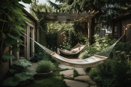 backyard escape with hammock, garden, and quiet surroundings, created with generative aiの素材