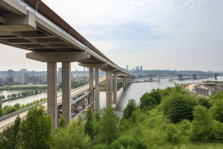 high-rise bridge, with view of the city skyline and river below, providing vital transportation link, created with generative aiの素材