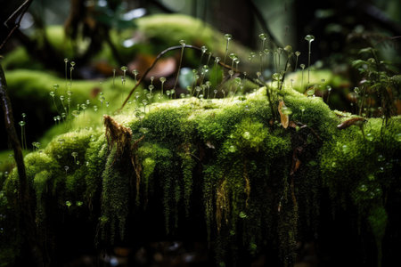 forest bath of vibrant green moss, with droplets of water hanging from the leaves, created with generative aiの素材