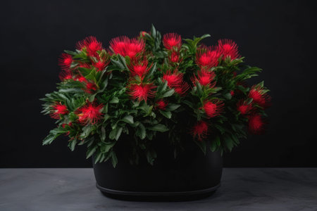 furry green plant with red blooms in sleek black pot, created with generative aiの素材
