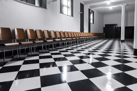 empty hall with wooden lecture chairs on the black and white floor, created with generative aiの素材