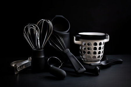 baking tools and equipment on a black background for stylish photo, created with generative aiの素材