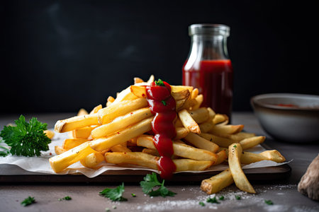 stack of golden french fries, topped with perfect dollop of ketchup, created with generative aiの素材