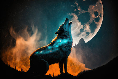 double exposure of wolf howling at the moon against starry night sky, created with generative aiの素材