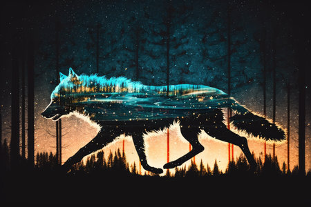 double exposure of wolf running through forest, with view of the night sky in the background, created with generative aiの素材