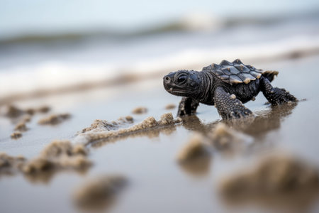 close-up of baby turtles scaly feet, making their way to the ocean, created with generative aiの素材
