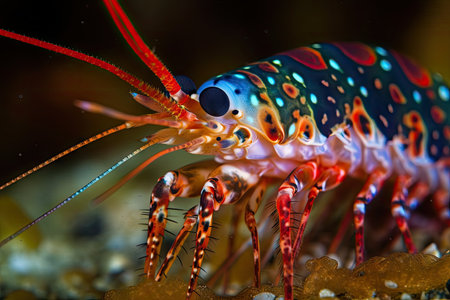 close-up of tiger shrimp prawn, showing its intricate and colorful pattern, created with generative aiの素材