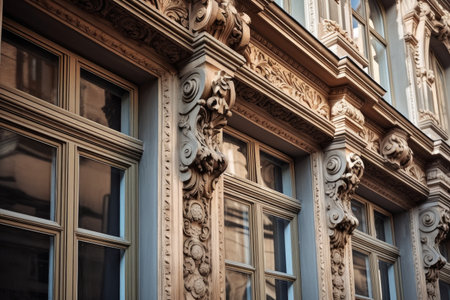 architectural detail, such as intricate molding or window frame, bringing beauty to building, created with generative aiの素材