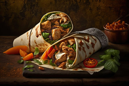 juicy chicken shawarma wrap, filled with flavorful spices and vegetables, created with generative aiの素材