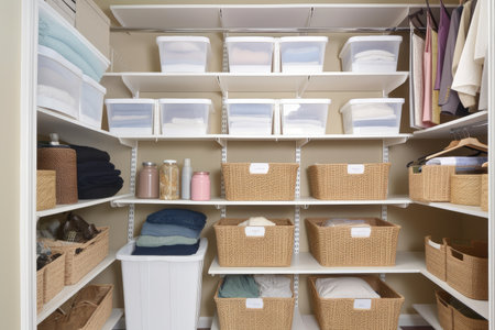 a closet with custom shelving and bins for easy sorting and access, created with generative aiの素材