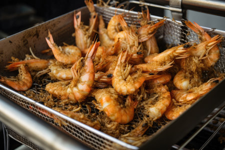 fryer basket overflowing with tiger shrimp prawns, created with generative aiの素材
