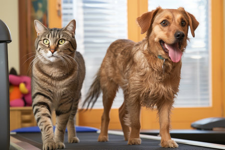 mixed-breed dog and tabby cat running on treadmill side by side, created with generative aiの素材