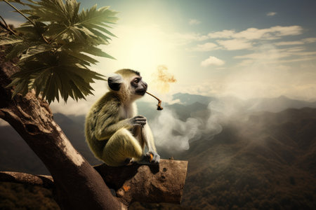 animal sitting on tree branch, smoking ganja and looking out at the horizon, created with generative aiの素材