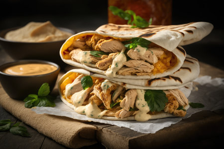 stack of warm chicken shawarma wrapped in pita bread, with hummus and tahini for dipping, created with generative aiの素材