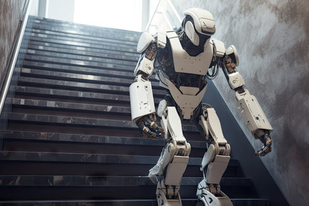 robot carrying heavy load up steep staircase, created with generative aiの素材