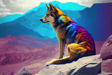 brightly colored wolf, sitting on rocky mountain peak, watching its territory, created with generative aiの素材
