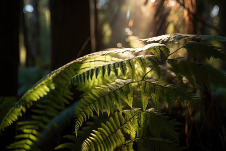 close-up of fern frond, with sunlight streaming through the trees, created with generative aiの素材