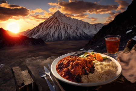 exotic location, with view of the sun setting behind a mountain range, and plate of chicken tikka masala in the foreground, created with generative aiの素材