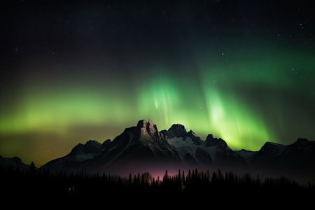 northern lights dance over the silhouette of a mountain range, created with generative aiの素材