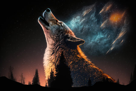 double-exposure of wolf howling at the moon, with the stars and milky way visible in the night sky, created with generative aiの素材