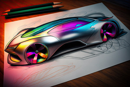 pencil sketch of futuristic car design with sleek lines, vibrant colors, and advanced technology, created with generative aiの素材