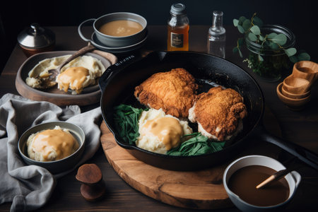 frying chicken in cast-iron skillet, with sides of mashed potatoes and gravy, created with generative aiの素材