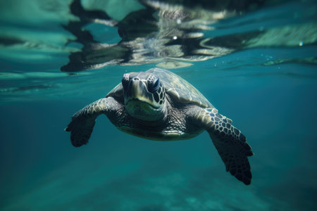 baby turtle swimming through the depths of the ocean in slow motion, created with generative aiの素材