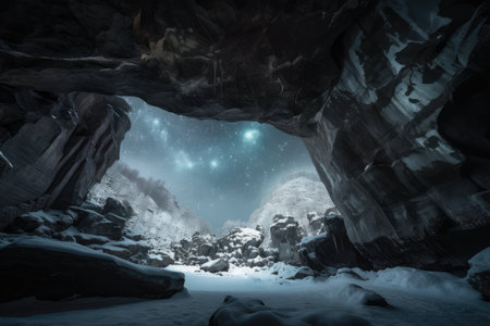 frozen cavern, with view of the stars and celestial bodies above, created with generative aiの素材