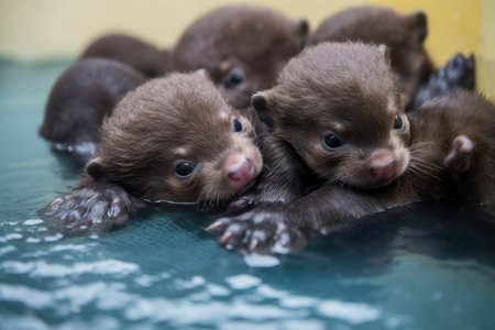 group of baby otters floating on their backs in a pool, with their paws and heads held close together, created with generative aiの素材
