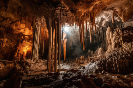 cave with intricate network of waterfalls and stalactites, created with generative aiの素材