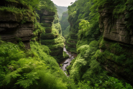 canyon with rippling stream and waterfalls, surrounded by lush greenery, created with generative aiの素材