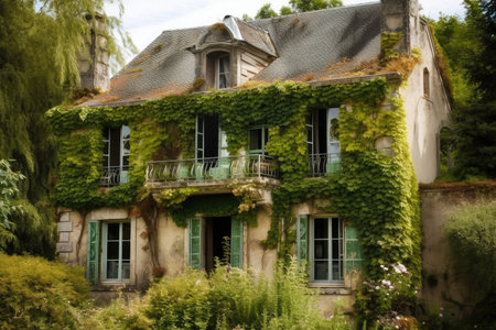 french country house with balcony and ivy growing up the walls, created with generative aiの素材