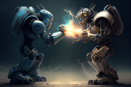 two futuristic robots battle, exchanging blows with their mechanical fists, created with generative aiの素材