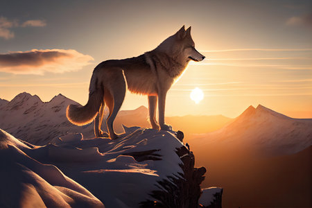 majestic wolf on snowy mountaintop, with the sun rising in the background, created with generative aiの素材