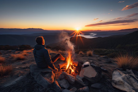 campfire at sunset, with backpacker enjoying the view, created with generative aiの素材