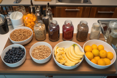 breakfast food preparation station, with granola, fruit, and other ingredients ready for cooking, created with generative aiの素材