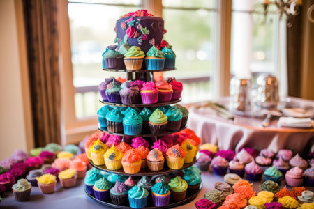 cupcake tower, filled with colorful and unique frostings and decorations, created with generative aiの素材