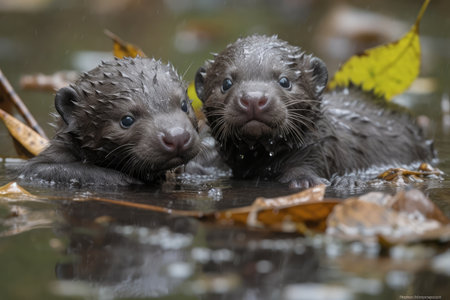baby otters frolicking in shallow pond, with droplets of water on their fur, created with generative aiの素材