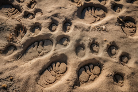close-up of animal tracks, with detailed paw prints visible, created with generative aiの素材