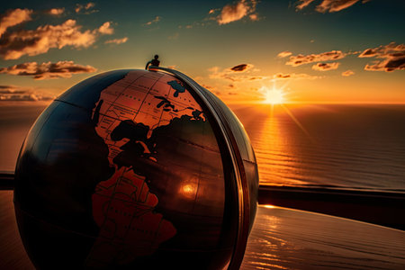 sunrise, with the sun peeking over the horizon, casting its warm glow on a globe, created with generative aiの素材