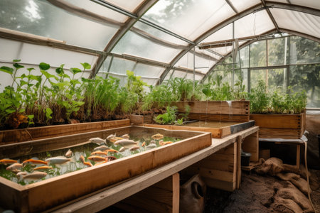 aquaponics system with fish, plants, and vegetables growing in a greenhouse setting, created with generative aiの素材
