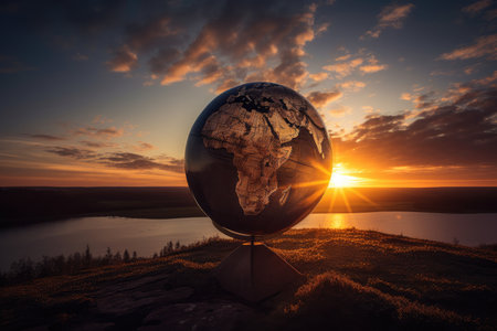 a sunrise, with the sun rising over a globe and spreading its light across the world, created with generative aiの素材