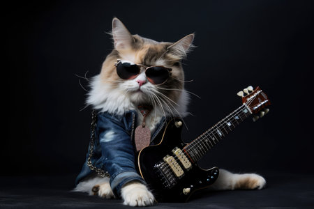 rock cat, posing with guitar and wearing rock star outfit, created with generative aiの素材