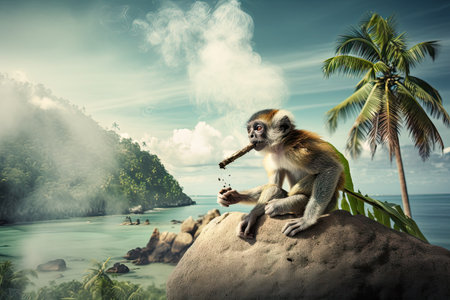 cute animal smoking ganja on tropical island, with view of the ocean, created with generative aiの素材
