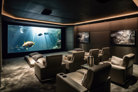 high-tech home theater, with surround sound and giant screen, for immersive viewing experience, created with generative aiの素材