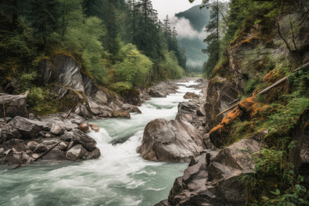 off-the-beaten-path destination with a view of a rushing river, created with generative aiの素材