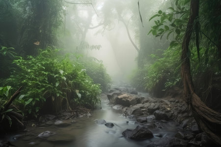 exotic foggy forest with crystal clear stream, surrounded by greenery, created with generative aiの素材