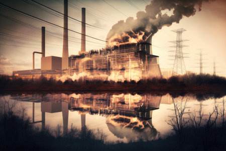 energy industry double exposure of power plant and natural landscape, created with generative aiの素材