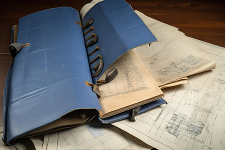 a collection of blueprints and technical drawings, bound in a leather portfolio, created with generative aiの素材