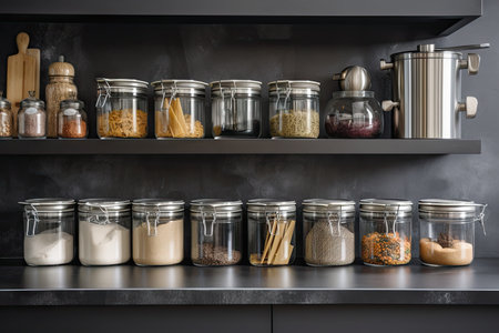modern kitchen with sleek metal food storage containers and glass jars, created with generative aiの素材